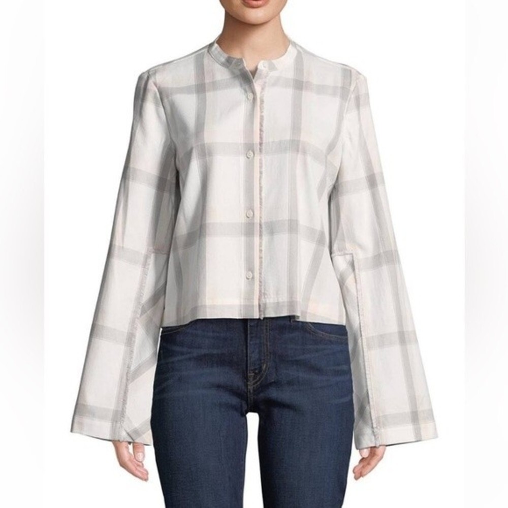 Derek Lam 10 Crosby Women's Cream & Pink Plaid Cropped Button-Down Shirt Large